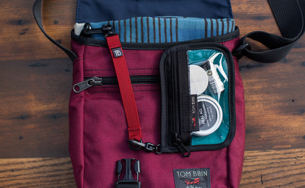 An 8-inch Key Strap attaching a Knitting Tool Pouch to a Small Cafe Bag.